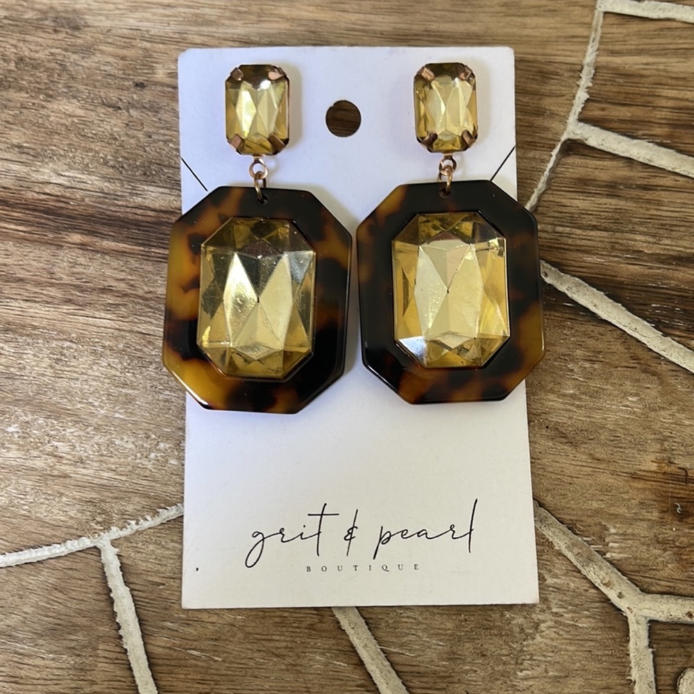 Tortoiseshell & Amber Crystal Statement Drop Earrings